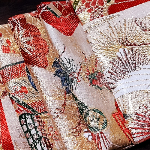 ワンタッチ帯 くらわん帯 アンティーク正絹丸帯リメイク 鶴松菊牡丹