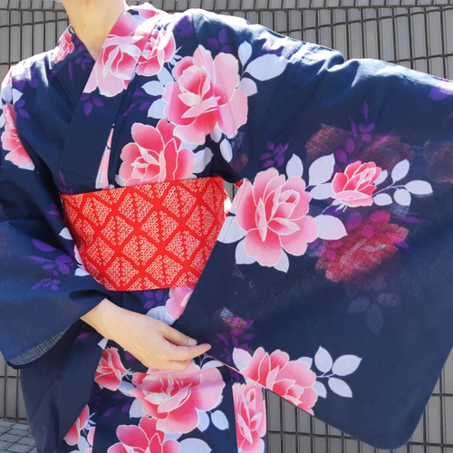 浴衣　ハンドメイド SALE ワンタッチ浴衣 くらわん浴衣 EASTBOYブランド紺地ピンク
