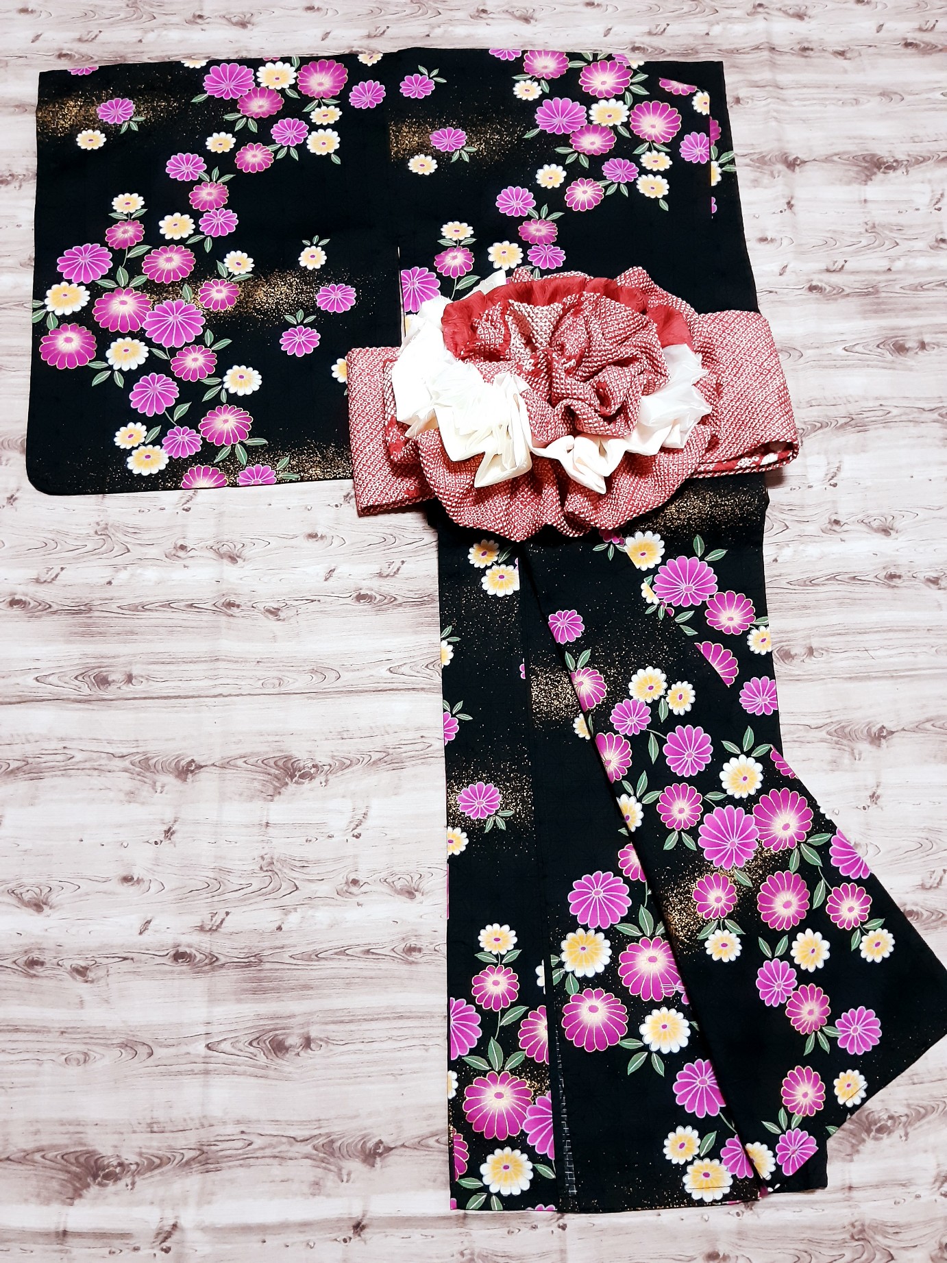 SALE ワンタッチ浴衣 くらわん浴衣 黒ピンク菊金粉 浴衣 New
