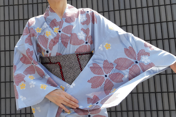 SALE ワンタッチ浴衣 くらわん浴衣 KANSAIブランド青グレー桜