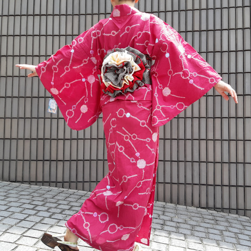有松鳴海絞り レトロ 浴衣 セット 140cm 女の子 作り帯 ピンク
