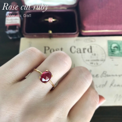 14KGF　天然石　ローズカット　ルビー　8x6mm　AAA　カボション　リング 14KGF 天然石 ローズカット ルビー 8x6mm AAA カボション リング 指輪