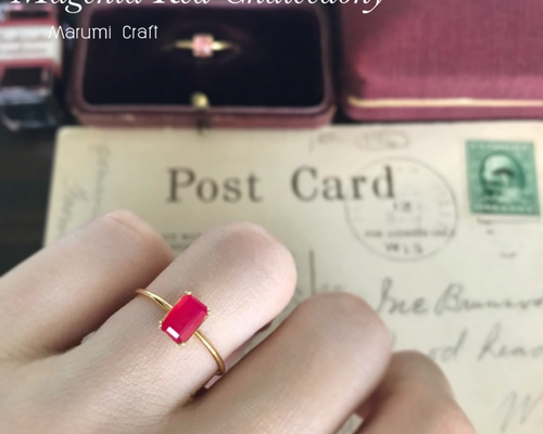 14KGF 天然石 マゼンタ カルセドニー 6x4mm ファセット リング 指輪  