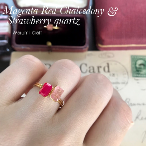 14KGF 天然石 マゼンタ カルセドニー 6x4mm ファセット リング 指輪  