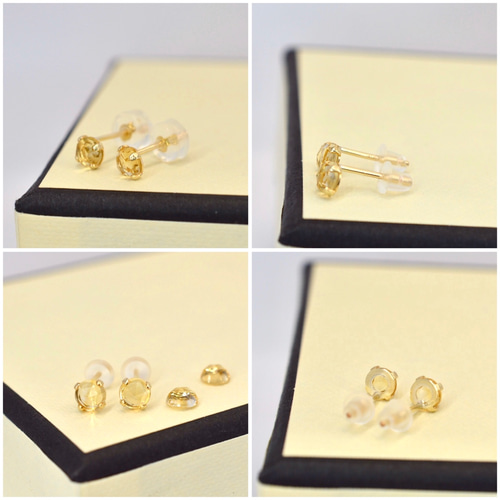 14KGF ローズカット シトリン AAA 4mm ラウンド カボション ピアス 