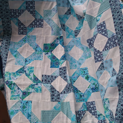 爽やかブルー、スクエアノットパターン、パッチワークブランケット