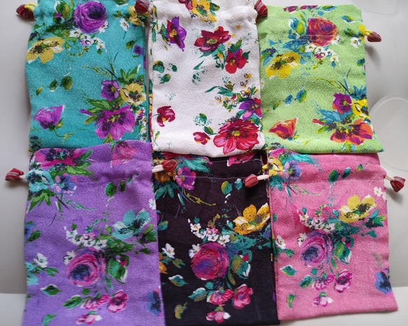 花柄コットン巾着袋 カラフル花柄巾着袋、縮緬様巾着袋 ポーチ Cottonsalie 通販 8669210