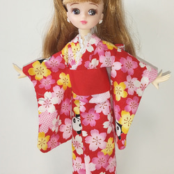 【送料無料】22cmサイズ浴衣(花パンダ 赤)リカちゃんブライスサイズ 22cm オリジナル ハンドメイド 2枚目の画像