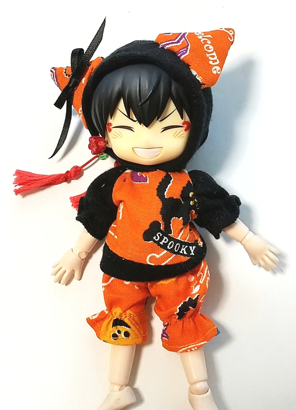 【送料無料】ハロウィン黒猫コーデ(オレンジ) オビツ11オリジナル ハンドメイド 2枚目の画像