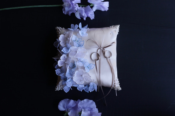 hydrangea (blue) リングピロー＊刺繍＊ウエディング＊ブライダル＊結婚式 2枚目の画像