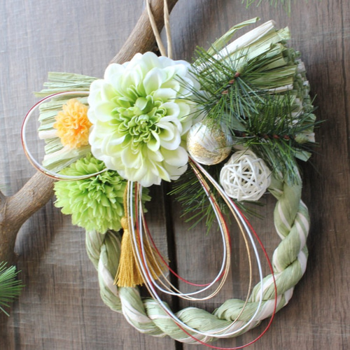 再販*和モダンダリアお正月しめ縄飾りリース グリーン しめ縄