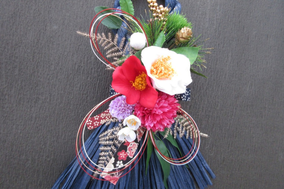 美しい豪華椿の松竹梅*お正月しめ縄飾りリ―ス 3枚目の画像