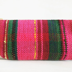 手織(裂織入り)細長ポーチ(ピンク色)、ファスナー20cm、表と裏：コットン100％) 3枚目の画像