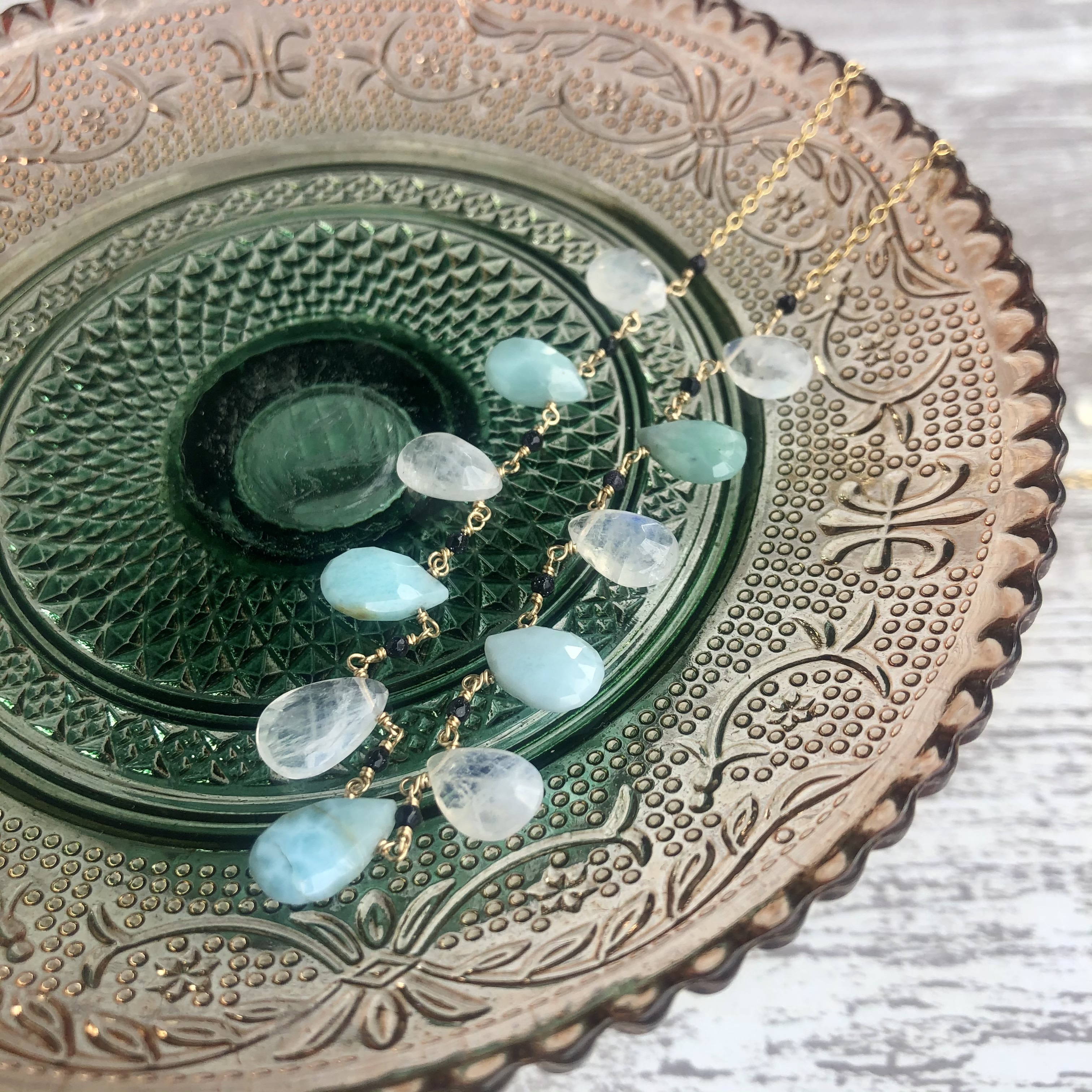 ラリマーとレインボームーンストーンのショートネックレス☆14kgf