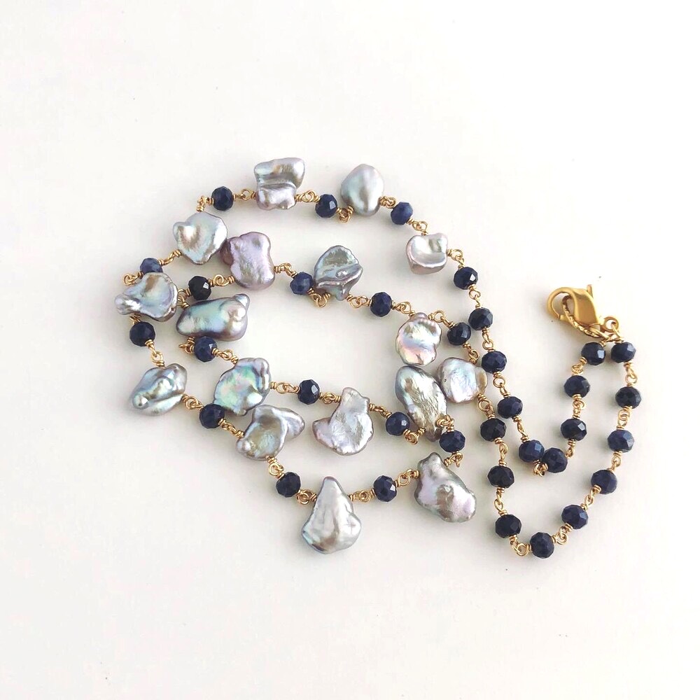 シルバーケシパールとブルーサファイアのショートネックレス☆一点もの　14kgf