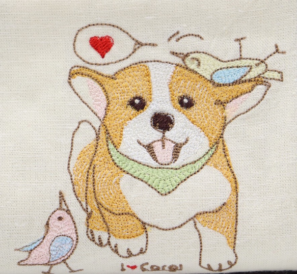 ☆半額セール☆イラスト刺繍 ポーチ 【コーギーとことり】 3枚目の画像