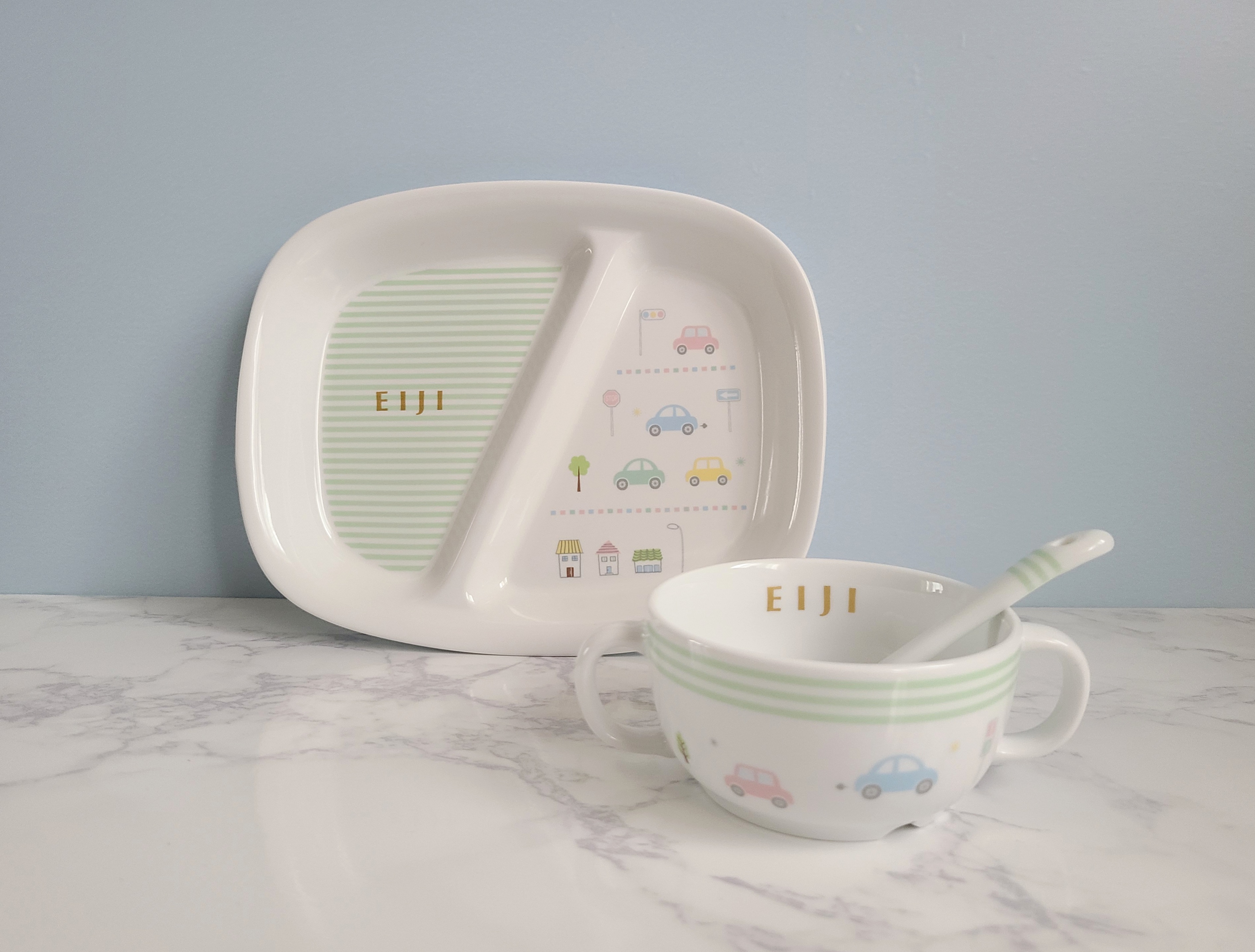[名前入れ]車柄 ベビー食器　3点セット　(カラー変更可)