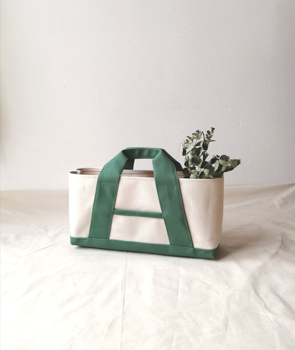 横長トートバッグ　Aライン　帆布トートバッグ　帆布トートバック　グリーン×キナリ 2枚目の画像