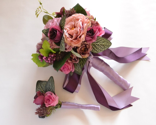 造花》ウェディングブーケ＆ブートニア ピンク系 ローズ 小ぶり ブーケ