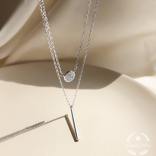 シルバー CZダイヤ丸いプレートと棒 2連 ネックレス ネックレス シルバー CZダイヤ丸いプレートと棒 2連 ネックレス ネックレス