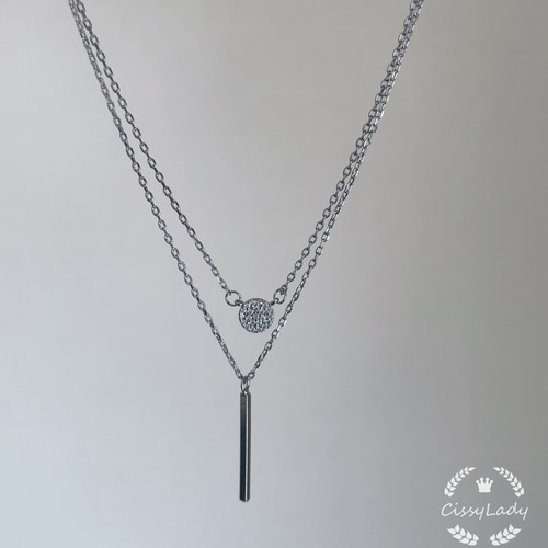 シルバー CZダイヤ丸いプレートと棒 2連 ネックレス ネックレス シルバー CZダイヤ丸いプレートと棒 2連 ネックレス ネックレス