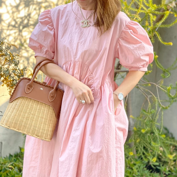 美品】デザイナーズパフスリーブワンピースAラインピンクロング