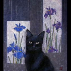 原画】薔薇園の黒猫／油彩額入り 絵画 猫心～にゃんはーと