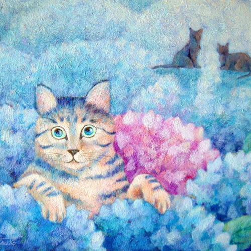 油絵 絵画【猫と紫の薔薇】 （アクリル画の猫の絵 薔薇リース