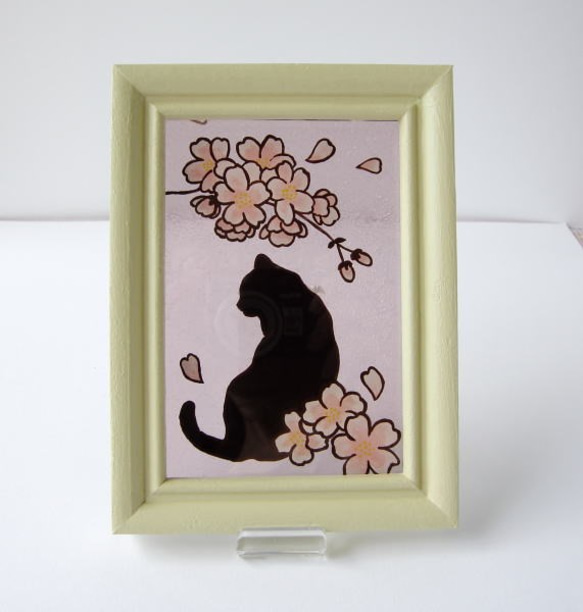桜と猫のガラス絵 1枚目の画像