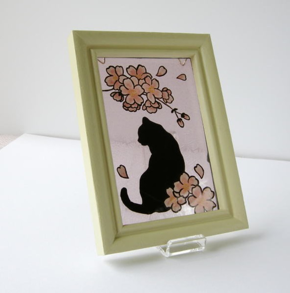桜と猫のガラス絵 4枚目の画像