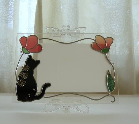 フォトフレーム（花と黒猫） 1枚目の画像