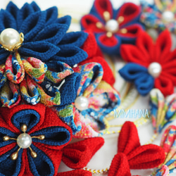 69 赤×紺×金 華やか つまみ細工髪飾り｡+☆ 七五三や成人式に かんざし