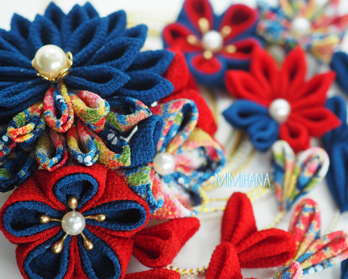 69 赤×紺×金 華やか つまみ細工髪飾り｡+☆ 七五三や成人式に かんざし