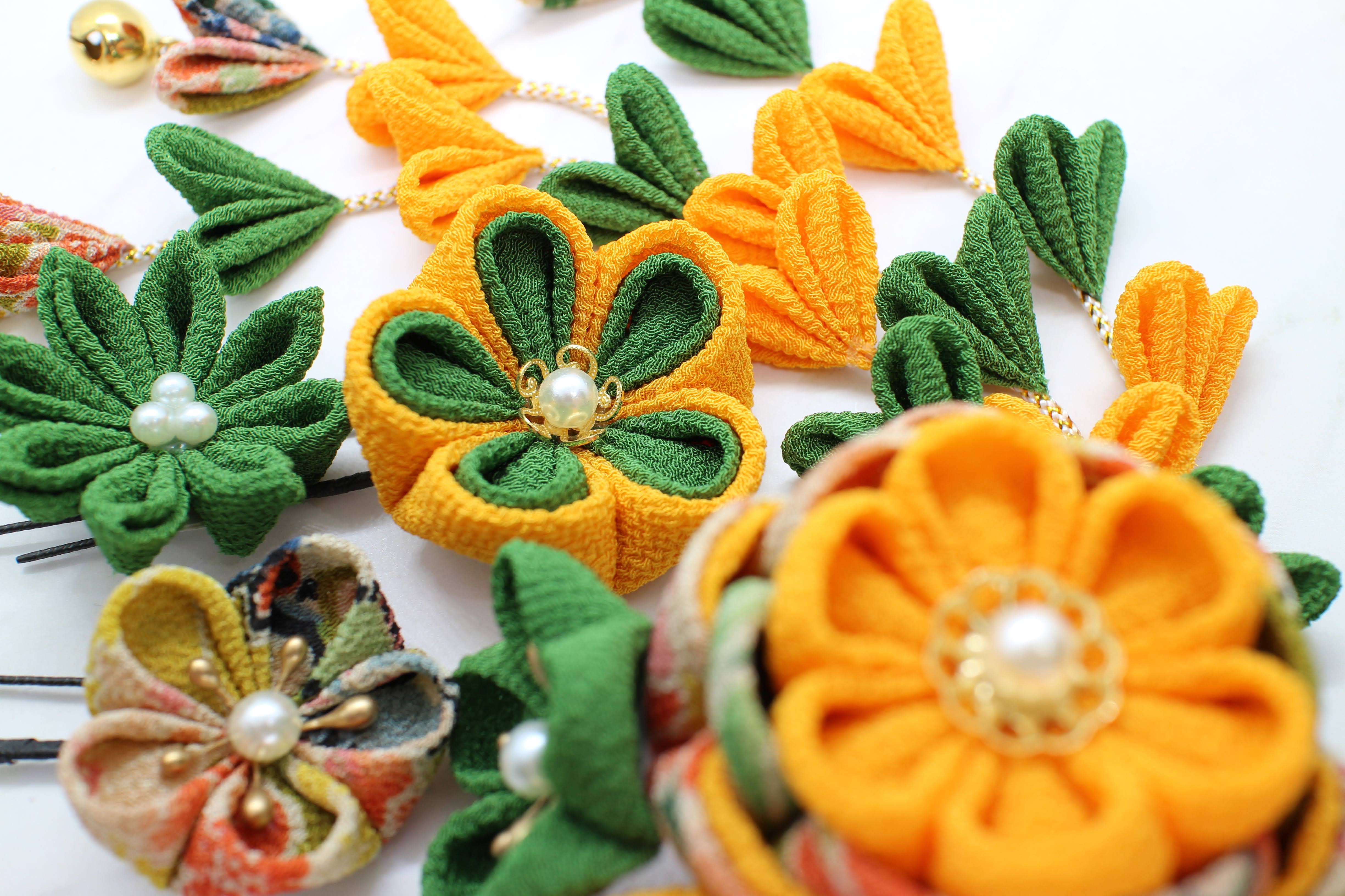 77 新色!! 緑×橙 レトロなつまみ細工髪飾り かんざし つまみ細工店