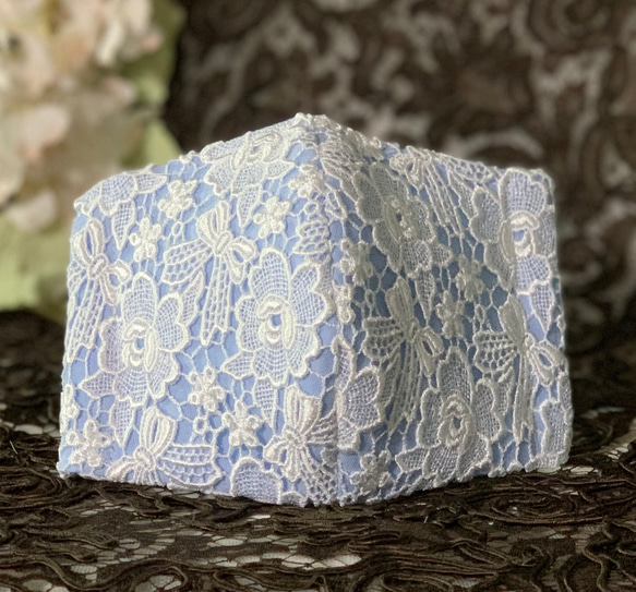 再販❣️リボンとお花のケミカルレース　白　ブルー　可愛いマスク　裏ガーゼ接触冷感選択　ワイヤー入り　SML対応 8枚目の画像