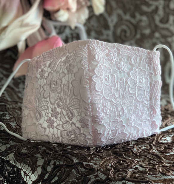 リボンとお花のケミカルレース　ピンク　可愛いマスク　裏ガーゼ接触冷感選択　ワイヤー入り　SML対応 2枚目の画像