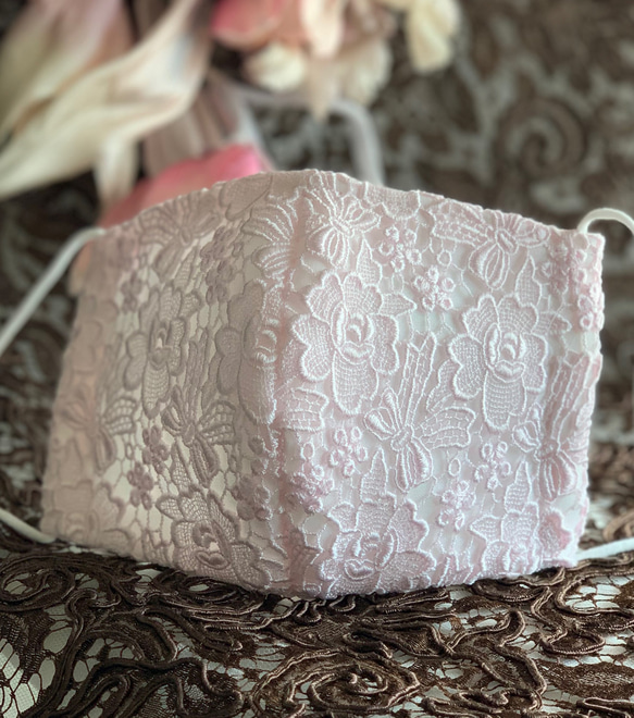 リボンとお花のケミカルレース　ピンク　可愛いマスク　裏ガーゼ接触冷感選択　ワイヤー入り　SML対応 4枚目の画像