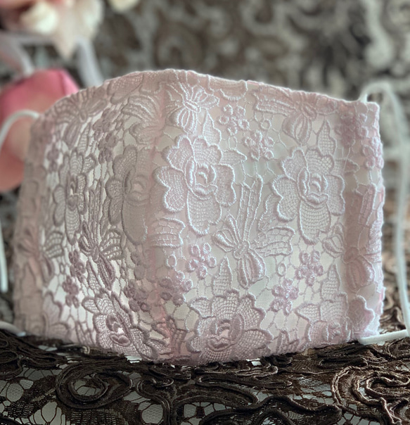 リボンとお花のケミカルレース　ピンク　可愛いマスク　裏ガーゼ接触冷感選択　ワイヤー入り　SML対応 5枚目の画像