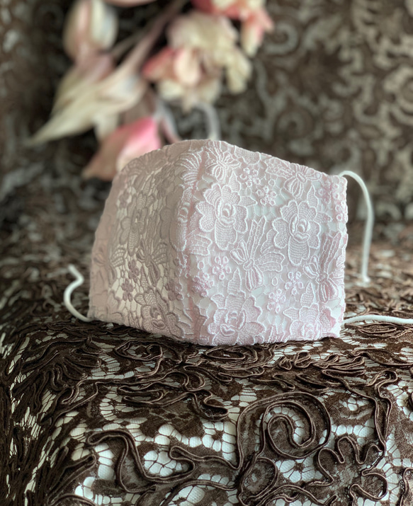 リボンとお花のケミカルレース　ピンク　可愛いマスク　裏ガーゼ接触冷感選択　ワイヤー入り　SML対応 7枚目の画像