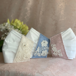 夏！イタリア薔薇レーススワロフスキー付き　白　不織布マスク❤️サイドレースカバーピンク　ブルー　冷感ガーゼ選択　結婚式　 7枚目の画像