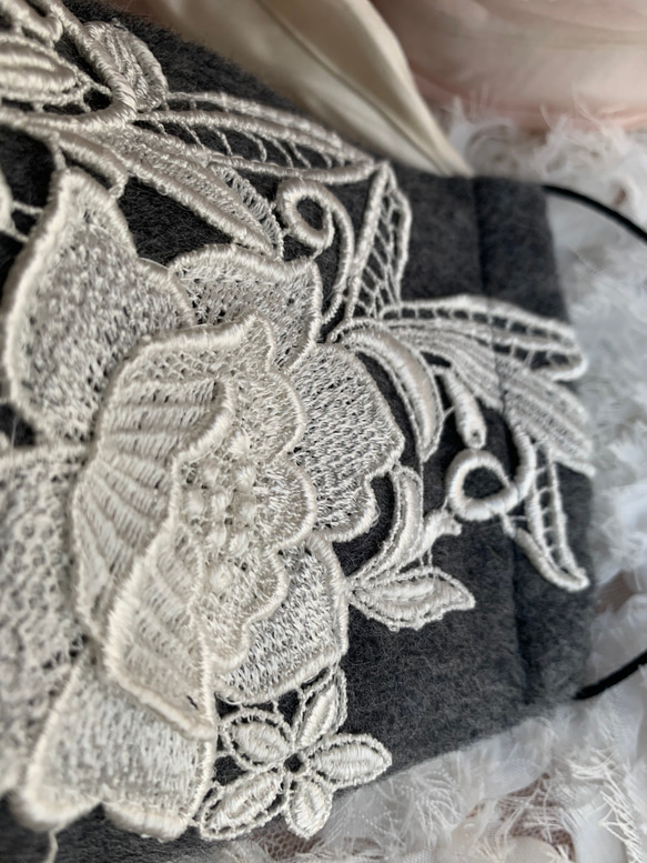 秋冬⭐️高級薔薇ケミカルレースとウールの重なる　温かマスク　グレー　横長　普通タイプSML 3枚目の画像