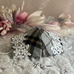 秋冬ウールチェック❤️可愛い小花レース❤️不織布マスクカバー❤️SML❤️ グレー　レッド選択　Xmas 旅行　防寒 2枚目の画像