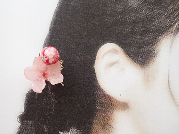 桜ハンドメイド2021　本物の桜✕京和紙ボール　ポニークリップ 5枚目の画像