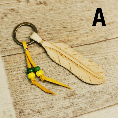 フェザー キーホルダー レザー カットワーク キーリング 革工房CUE.RO