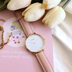 MEDOTA RAINBOW系列優雅彩色鑽石粉色真皮錶帶女錶 / RO-10601 金色 第2張的照片