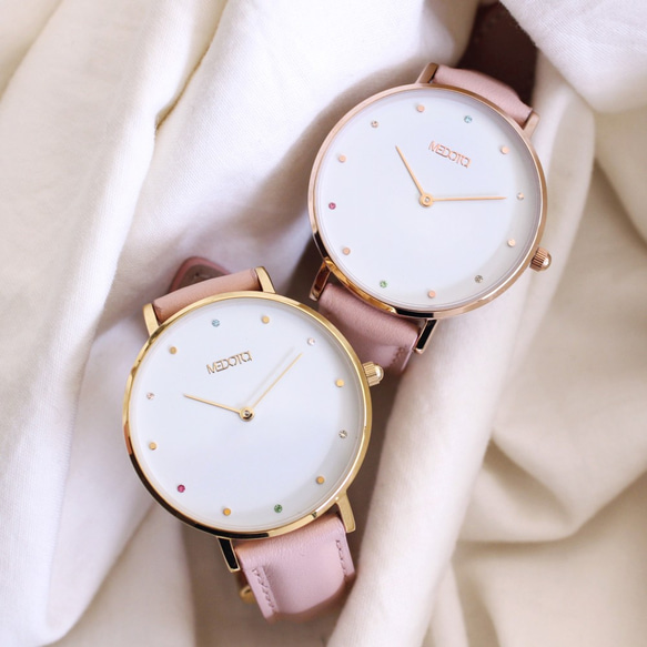 MEDOTA RAINBOW系列優雅彩色鑽石粉色真皮錶帶女錶 / RO-10601 金色 第3張的照片