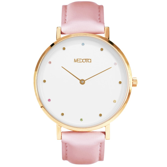 MEDOTA RAINBOW系列優雅彩色鑽石粉色真皮錶帶女錶 / RO-10601 金色 第4張的照片