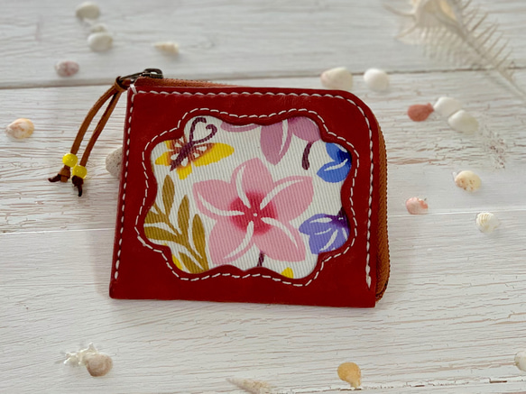 手染め 紅型 L字ファスナー ミニ財布 （プルメリア柄） 革 赤 その他  