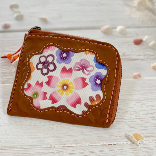 手染め 紅型 L字ファスナー ミニ財布 （桜柄） 革 茶色 その他ミニ財布  
