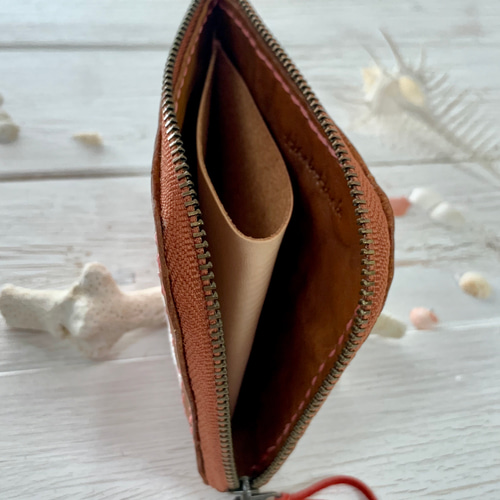 手染め 紅型 L字ファスナー ミニ財布 （桜柄） 革 茶色 その他ミニ財布  